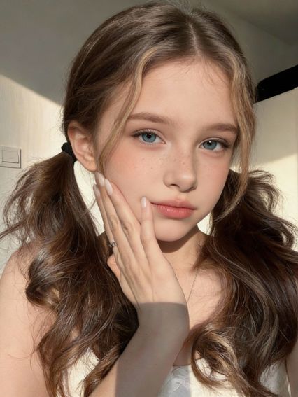 A young girl, placing her hand on her chin